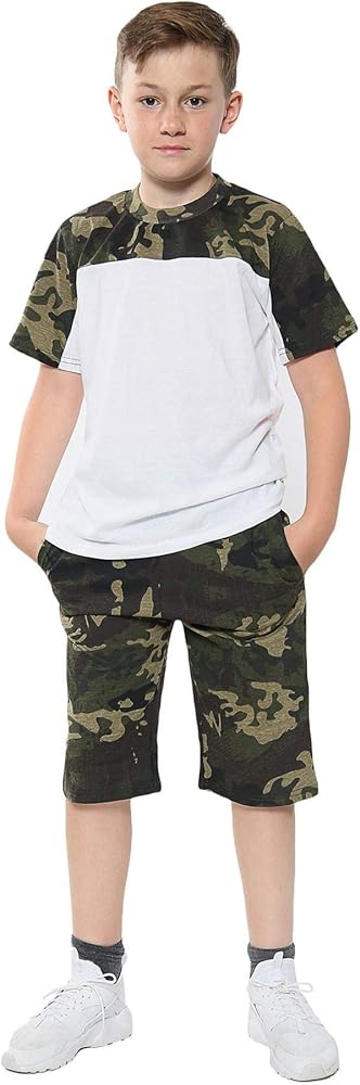 Two Colour Block Contrast Panel Top & Shorts Set Short Sleeves T Shirt Summer Outfit Set Girls Boys Age 5-13 Yrs