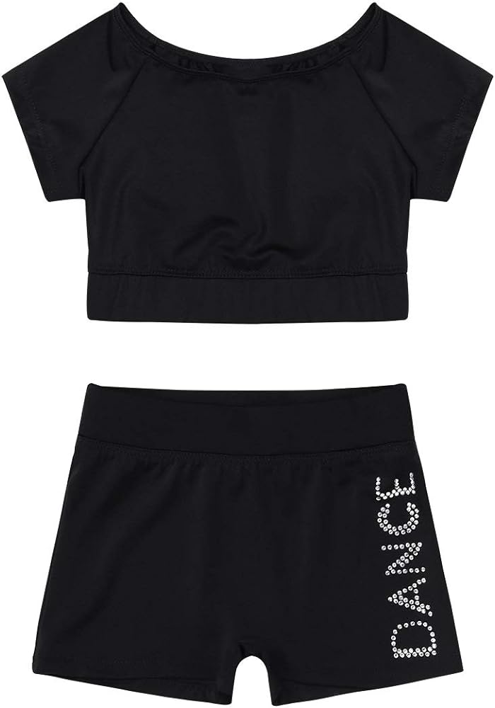 Moily Girls Two Piece Athletic Outfit Short Sleeve Top with Booty Shorts for Gymnastics/Dance/Sports