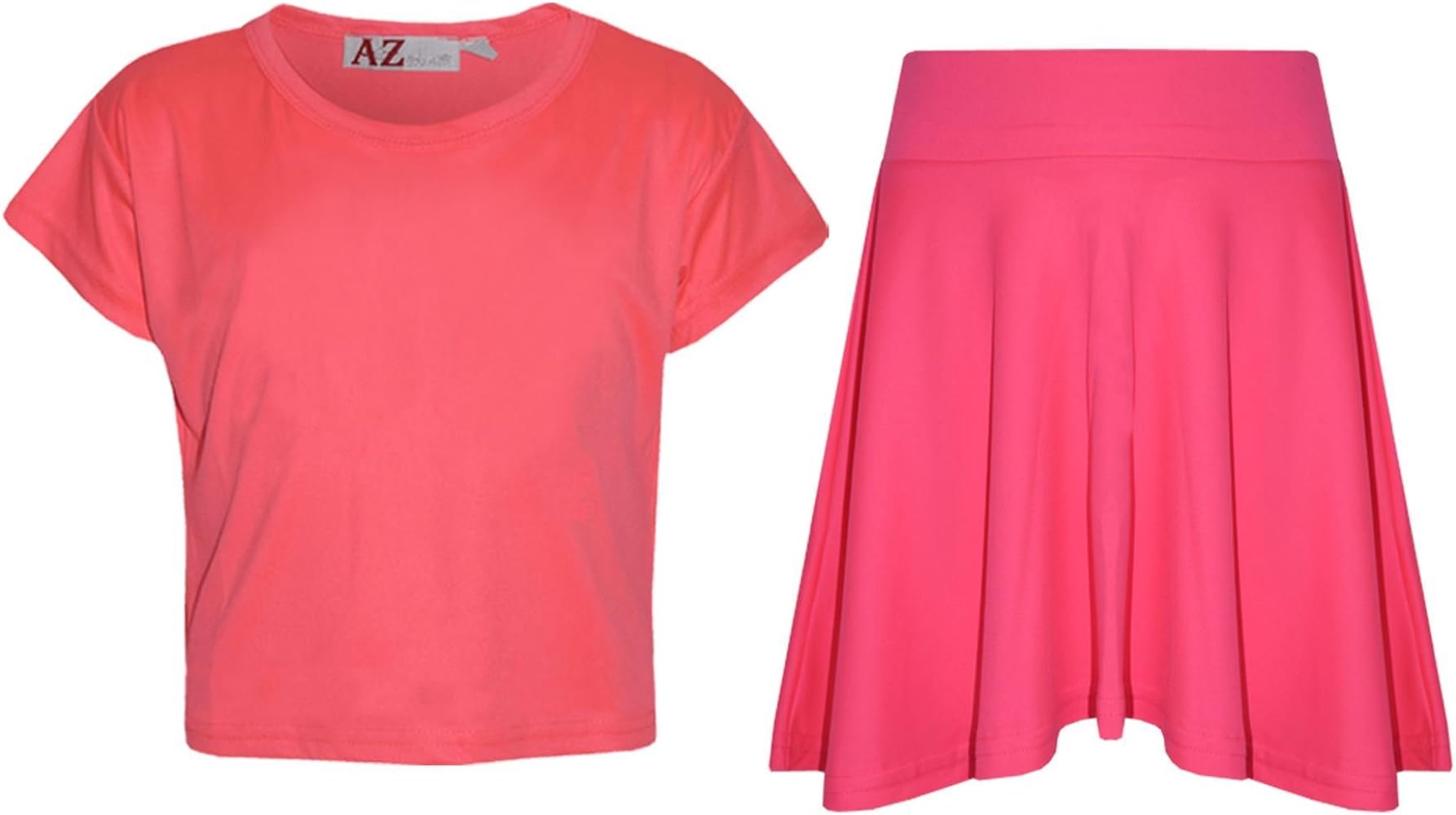 Girls Plain Crop Top & Skater Skirt Set - New Crop Top Plain Skirt N. Pink 13