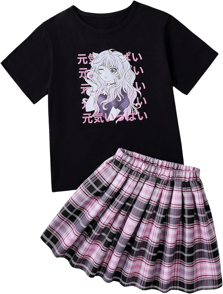 Floerns Girl's Two Piece Outfit Japanese Letter Print Tee Shirt with Plaid Skirt