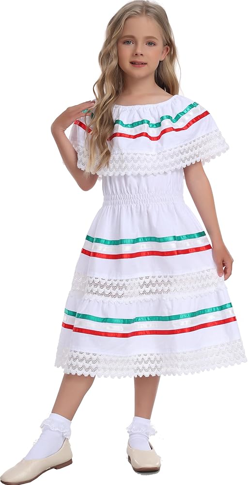 YZXDORWJ Mexican Dress for Girls Traditional Fiesta Dress Colorful Themed Dress Cinco de Mayo Party Dress