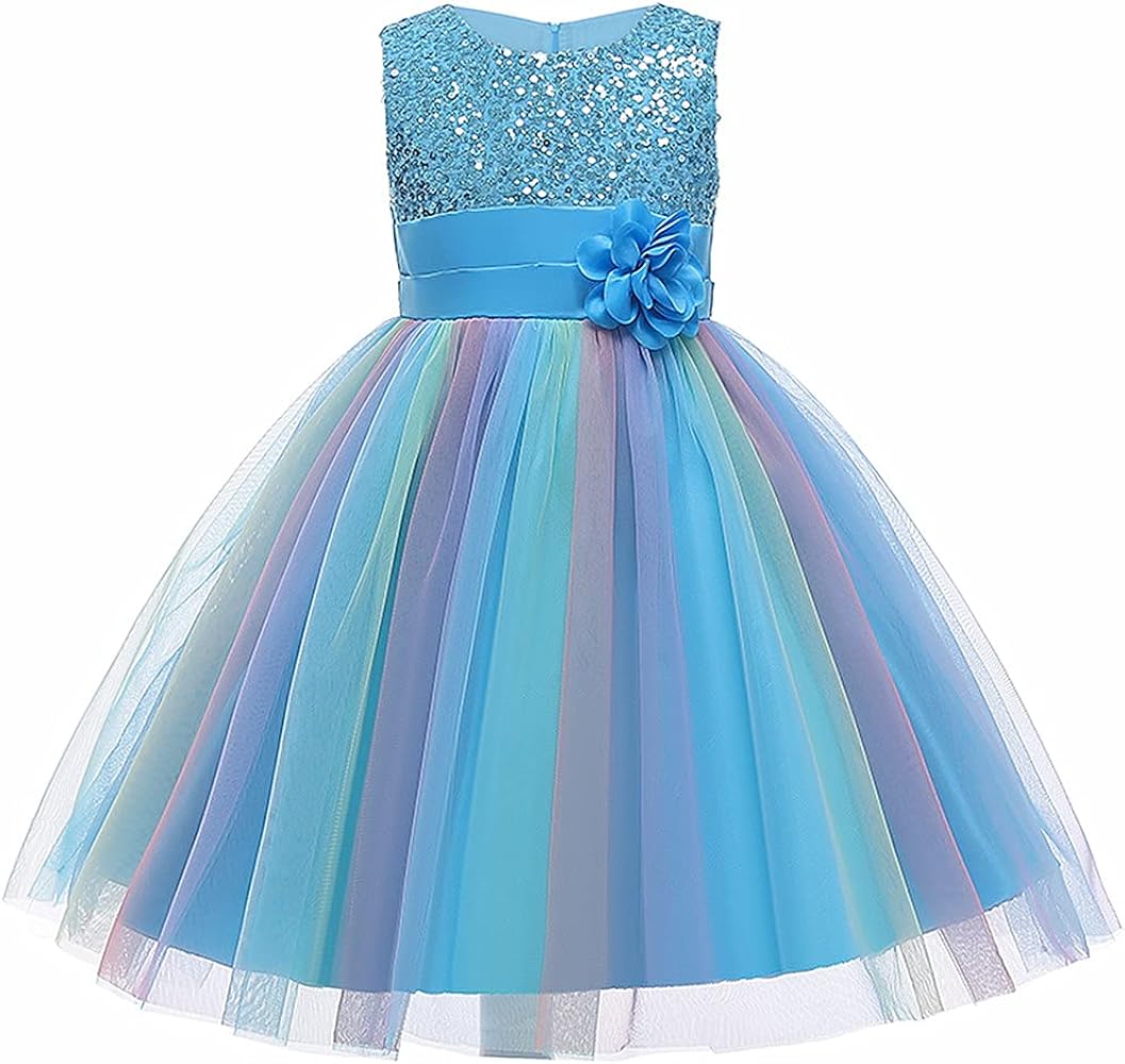 Flower Girls Sequin Party Dress Rainbow Mesh Tulle Princess Lace Ball Gown Prom