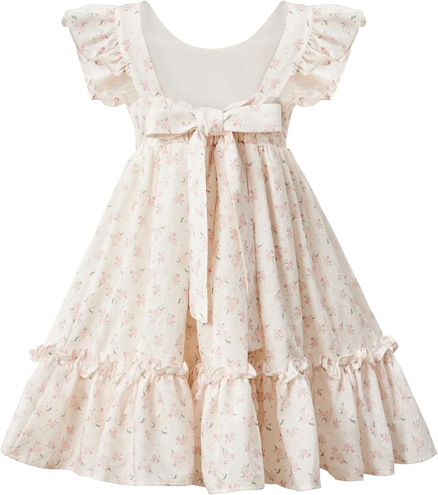 Girls Floral Dress Square Back Bow Flutter Sleeves Summer Casual Dress Rose 3-9 Y