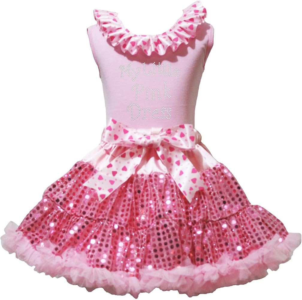 Petitebella My Little Pink Dress Pink Shirt Hearts Bow Pink Sequin Skirt Girl Outfit 1-8y