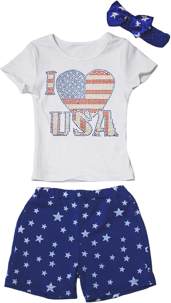 Petitebella I Love USA White Shirt Blue Stars Shorts Outfit 1-8y