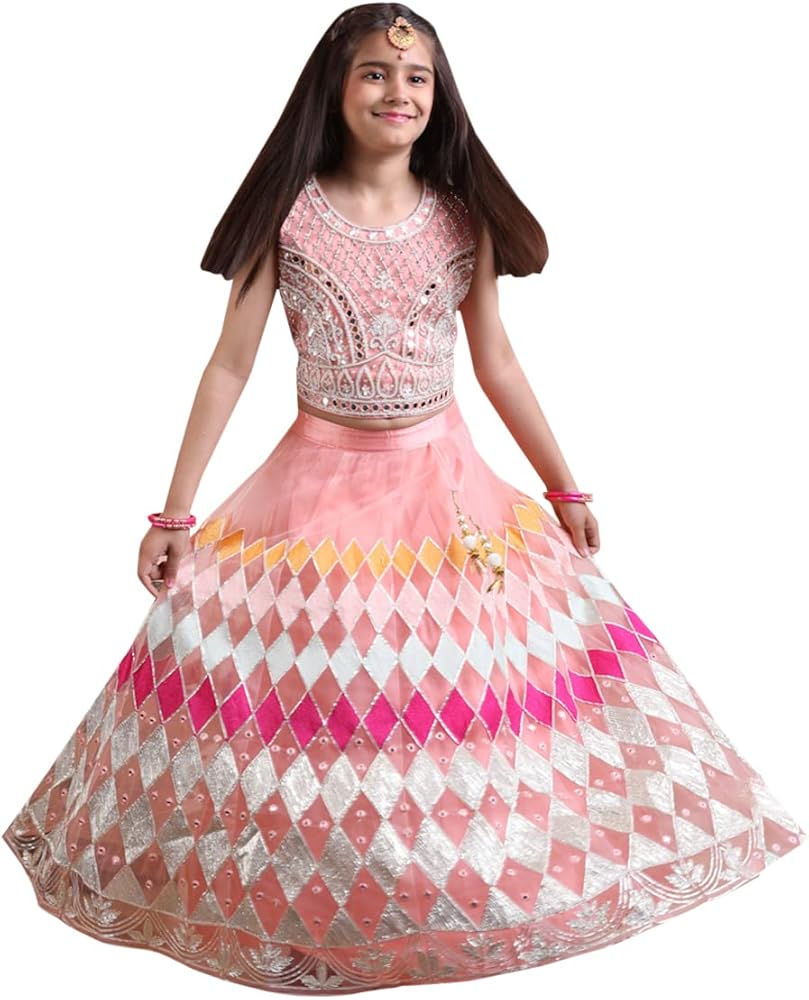 Indian Peach Net Indian kids Lehenga Choli Girls Wedding Sequin Kids Chaniya Dress K22