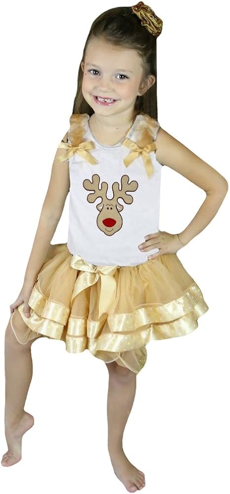 Petitebella Xmas Reindeer White Shirt Gold Star Petal Skirt Nb-8y