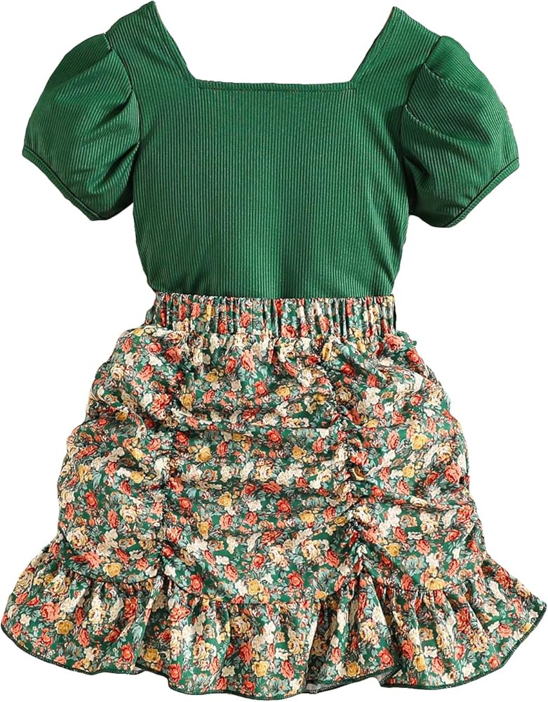 OYOANGLE Girl's 2 Pieces Outfits Rib Knit Short Puff Sleeve Square Neck Tee Top and Floral Print Ruched Side Short Skirt Set