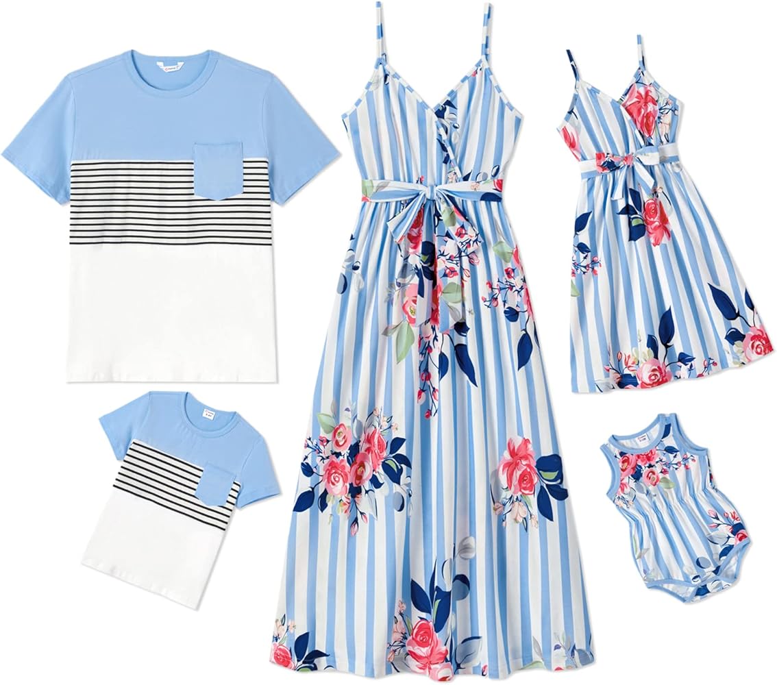 PATPAT Family Matching Outfits Floral Stripe Printed Belted Slip Bowknot Cami Dresses and Short-Sleeve T-Shirts with Pocket