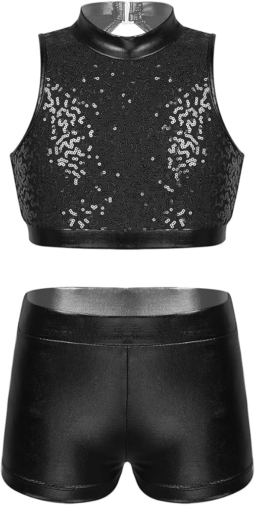 Girls Sequins Dance Outfit 2 Piece Cutout Back Crop Top with Booty Shorts for Gymnastics/Dance/Workout