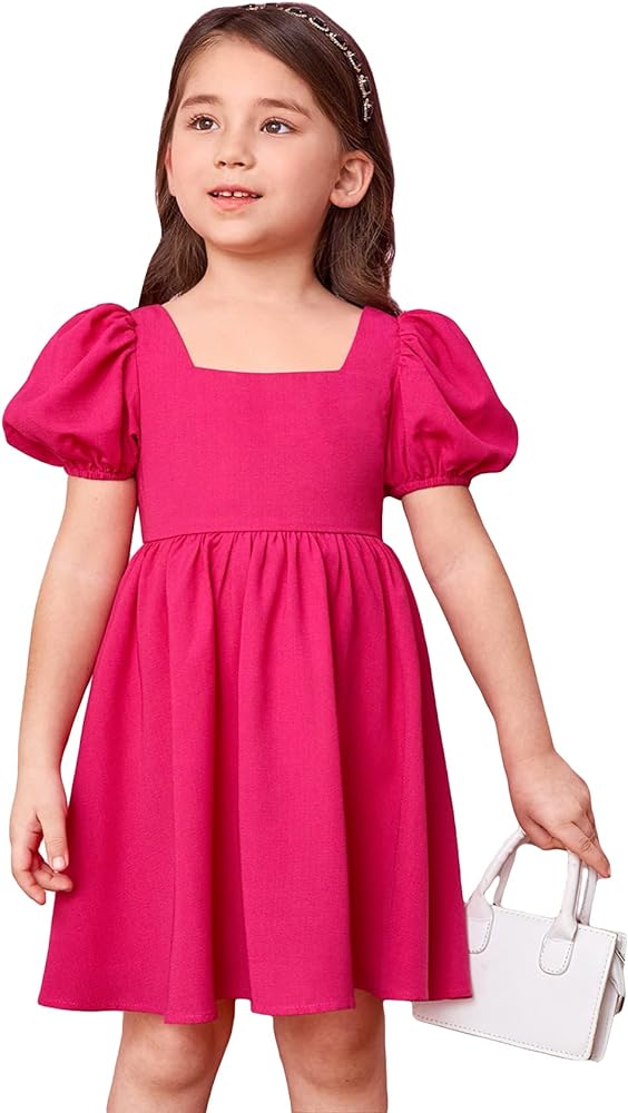 WDIRARA Toddler Girl's Square Neck Short Puff Sleeve A Line Flared Tie Back Cute Mini Dress