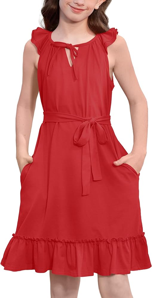 BesserBay Summer Girls Halter Neck Sleeveless Ruffle Dress with Pockets Size 4-12 Years