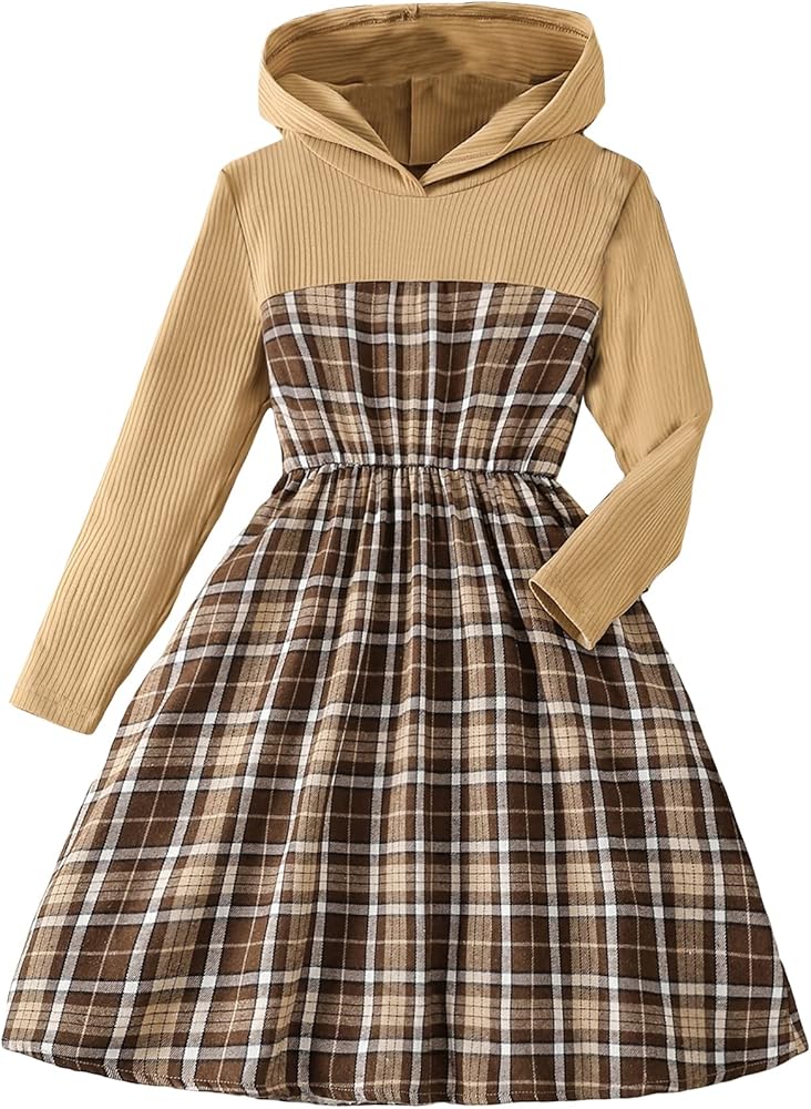 Milumia Girl Casual Plaid Hooded Long Sleeve High Waist Flared A Line Midi Dress Multicolor 8 Years