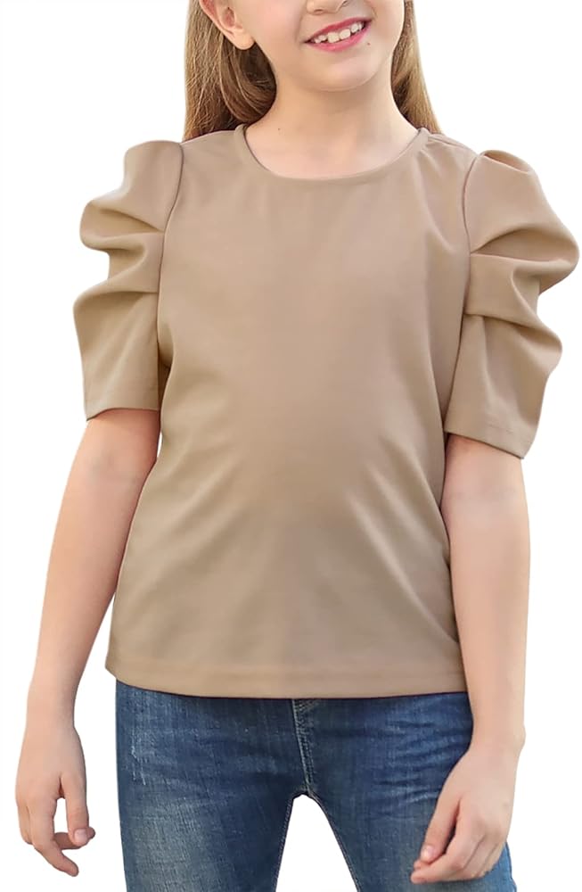 GORLYA Girl's Puff Sleeve Casual Solid T-shirt Pullover Keyhole Back Blouse Tops for 4-14T Kids