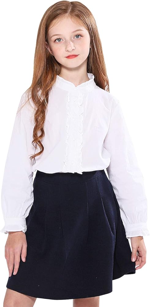 SOLOCOTE Girls White Blouse Ruffle Long Sleeve Button Down Shirts Princess Cotton Loose Soft Tops Spring and Summer 3-14Y