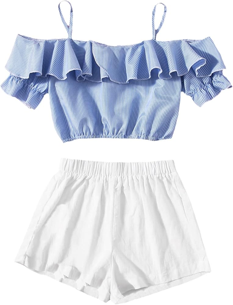 Milumia Girl's Cute 2 Piece Outfits Striped Cold Shoulder Crop Top and Shorts Set