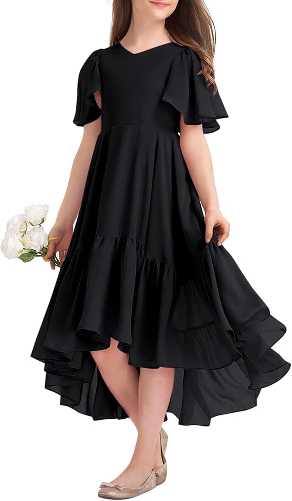 Girls Ruffle Dresses Casual A Line V Neck Short Sleeve Flowy High Low Long Maxi Junior Bridesmaid Party Dress