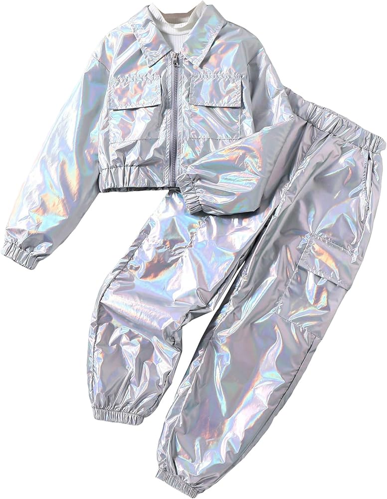 WDIRARA Girl's 2 Piece Holographic Outfit Flap Pocket Zip Up Jacket and Elastic Waist Pants Set