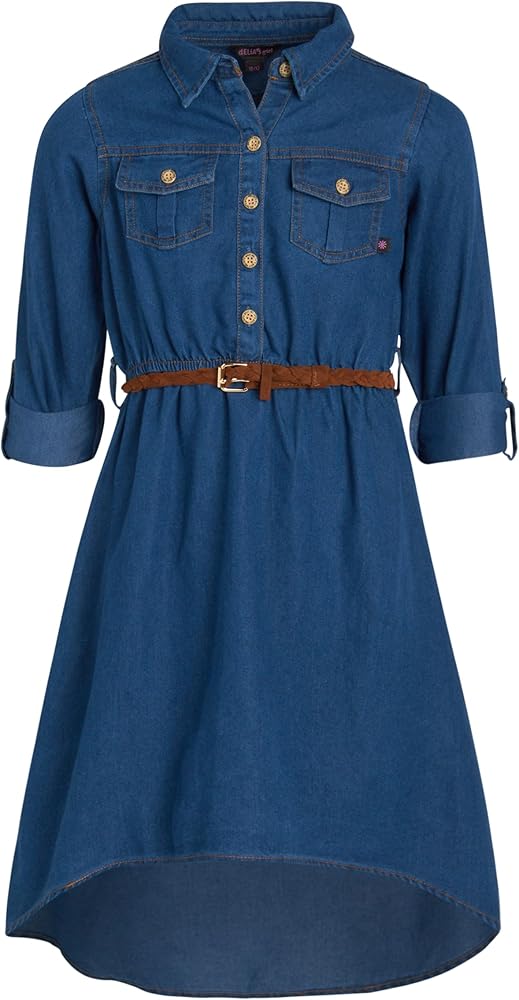 Girls' Casual Dress - Classic Collared Denim Dress with Belt - Knee-Length Jean Dress for Girls (7-16)