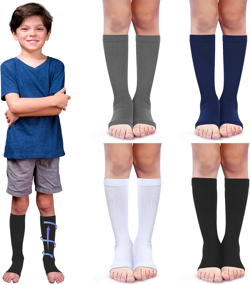 Shinymoon 4 Pairs Kids Open Toe Compression Socks 15-20 mmHg Children Knee Length Compression Socks Support Graduated Compression Sleeve