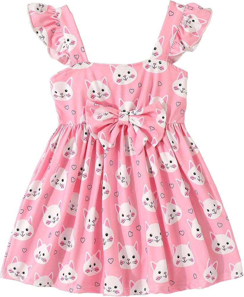 RETSUGO Toddler Girls Dresses Kids Summer Clothes Flutter Sleeve Birthday Party Bowknot Dress Casual Swing Sundress