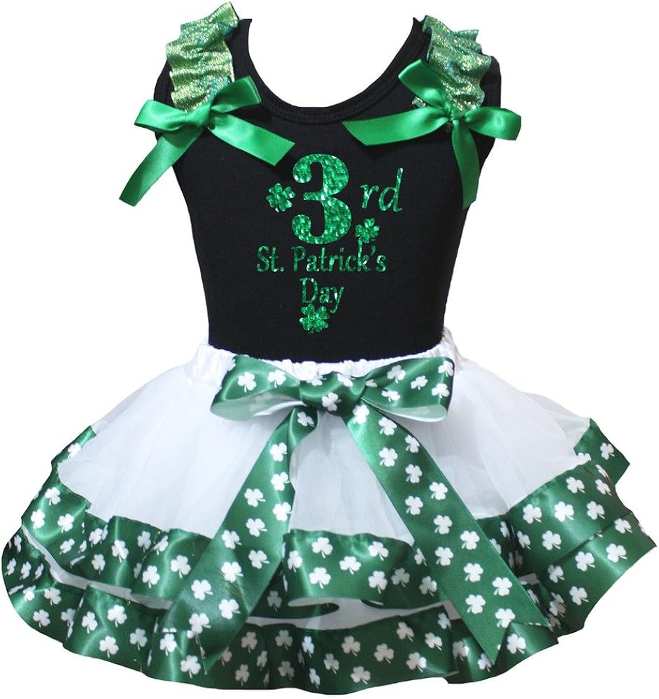 Petitebella 3rd St. Patrick's Day Black Shirt Clover White Petal Skirt Set Nb-8y