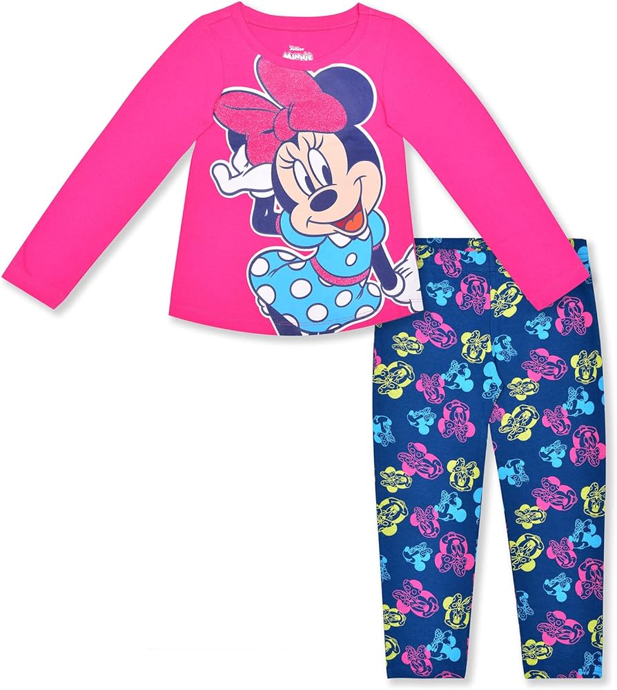 Disney Minnie Mouse Girls Long Sleeve Shirt and Leggings Set for Toddlers and Big Kids – Pink/Blue