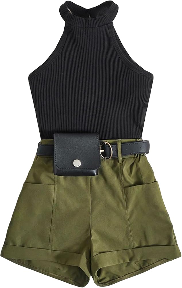 WDIRARA Girl's 2 Piece Outfit Sleeveless Ribbed Knit Halter Top and Cargo Shorts Set