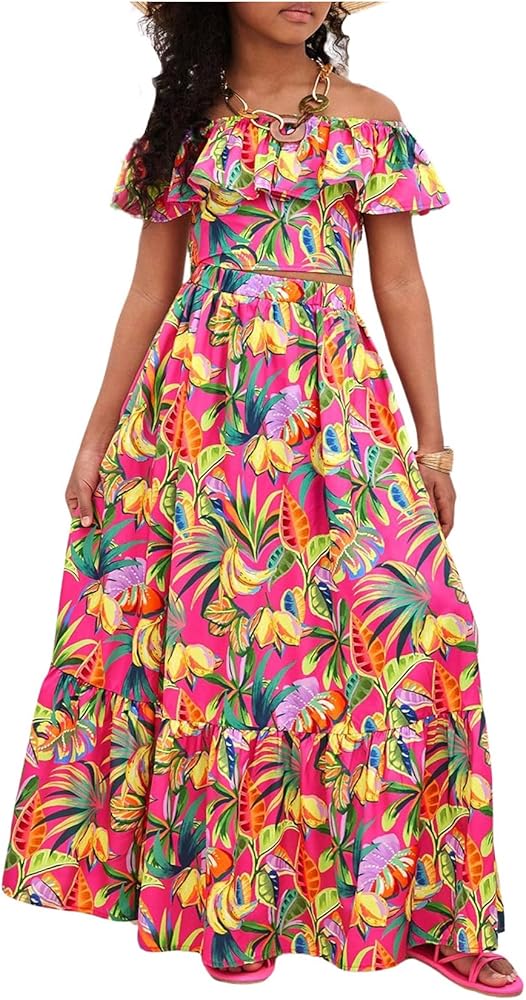 Girl's 2 Piece Outfits Tropical Print Off Shoulder Ruffle Trim Short Sleeve Top and Flared Hem A Line Skirt Set