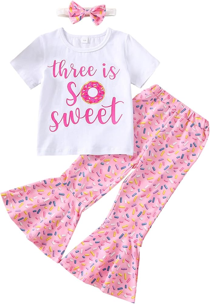 FIOMVA Toddler Baby Girl Birthday Outfit Sweet One Letter Bodysut+Bell Bottom Pants+Headband Set Birthday Clothes 3Pcs