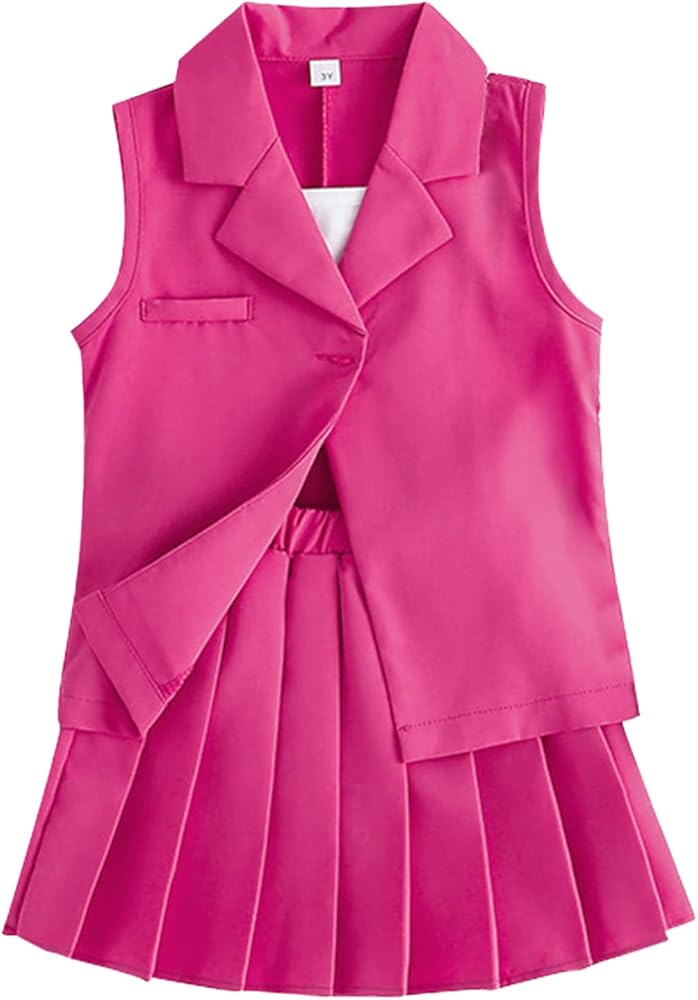 iiniim Child Girl's Blazer Suit Outfits Tank Top & Sleeveless Blazer & Pleated Skirt 3 Piece Set