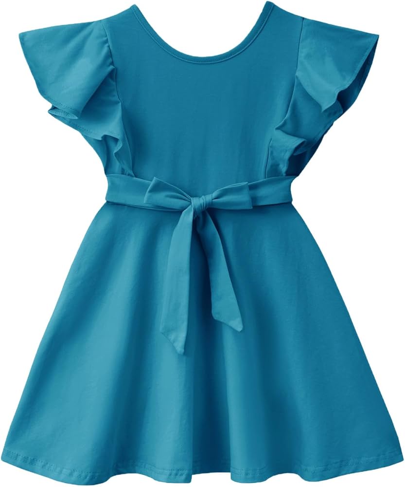 Dutebare Toddler Girl Sleeveless Dress Ruffle Trim Backless Belted Swing A-line Kids Casual Sundress