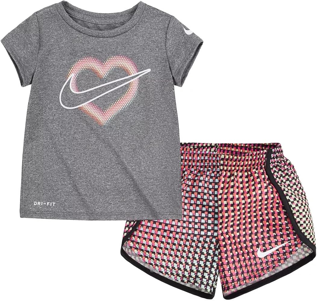 Nike Little Girls' Dri-FIT Pixel T-Shirt and Shorts 2 Piece Set (Black(26H451-023)/Pink, 24 Months)