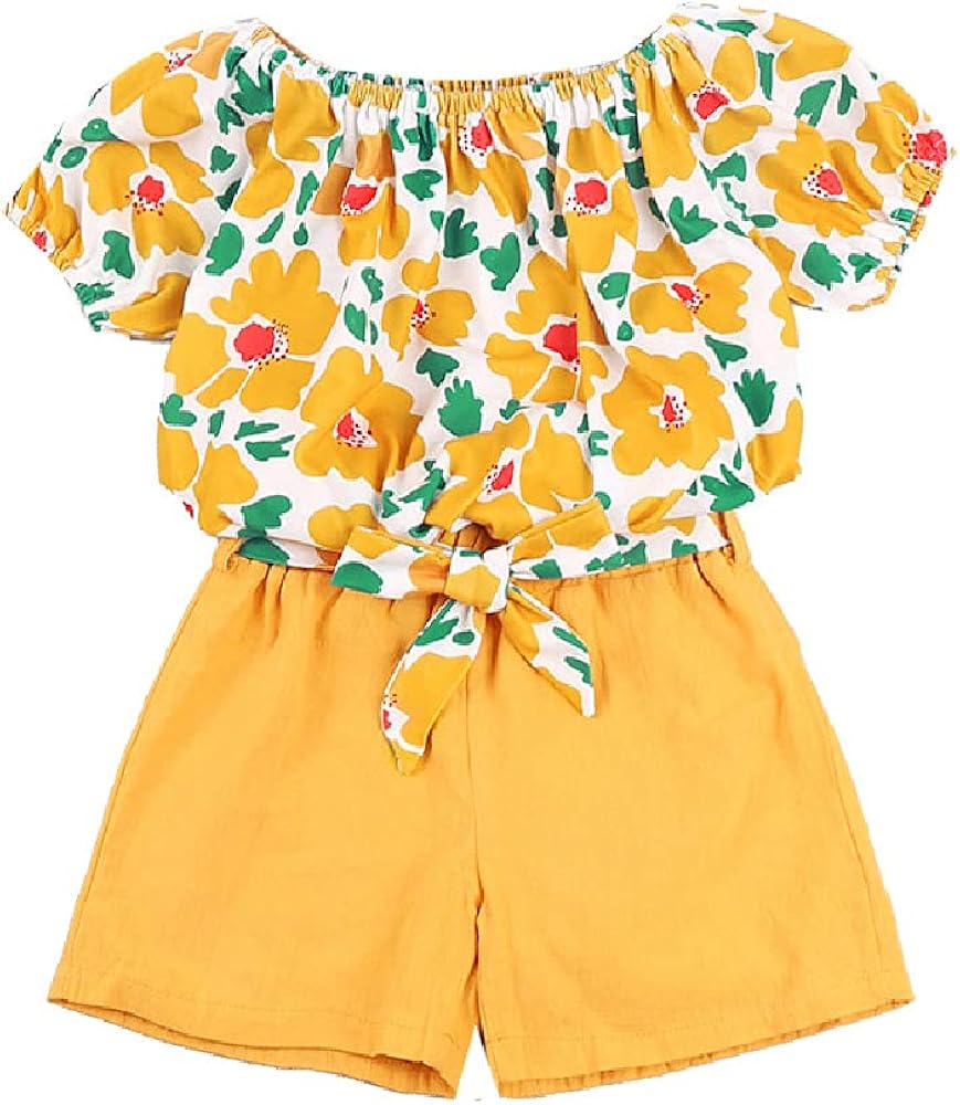 summer new girls' suit,girl's solid color flower printed one-shoulder short-sleeved top and shorts two-piece suits.