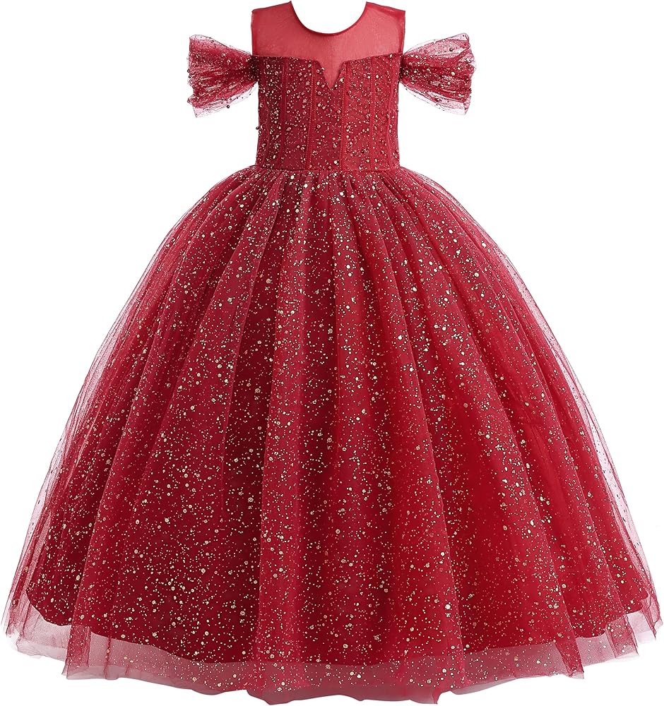 Glamulice Princess Sparkle Tulle Dress Flower Girls Sequin Dresses Cold Shoulder Long A Line Wedding Party Ball Gown