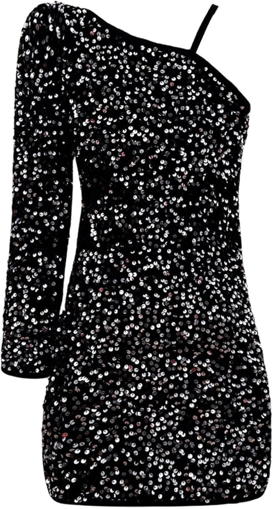 Floerns Girl's One Shoulder Long Sleeve Sequin Party Bodycon Short Dress