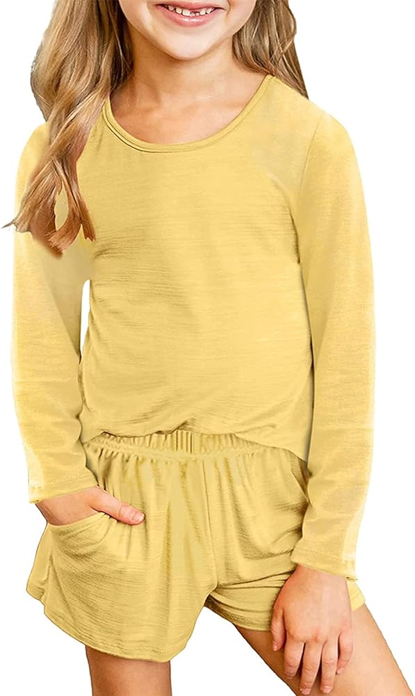 Ecokauer Toddler Girls Short Sets Outfits Casual Cute Long Sleeve Tee Shirts Shorts Fashion Clothing Sets Kids Shorts Set Size 10 11 Yellow