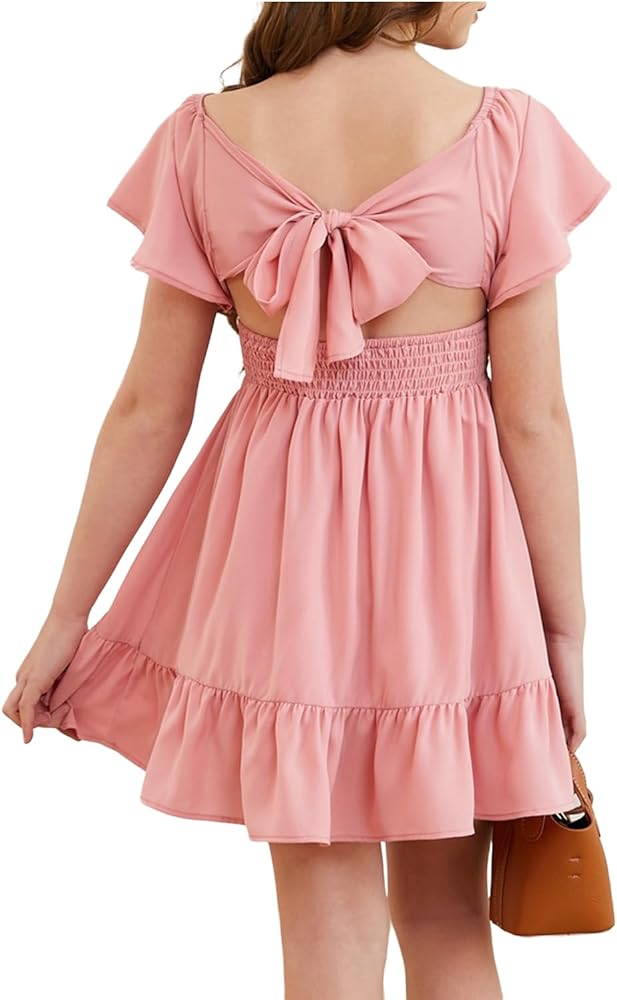 Girls Elegant Ruffle Short Sleeve Back Tie Dresses 6-13 Years Old