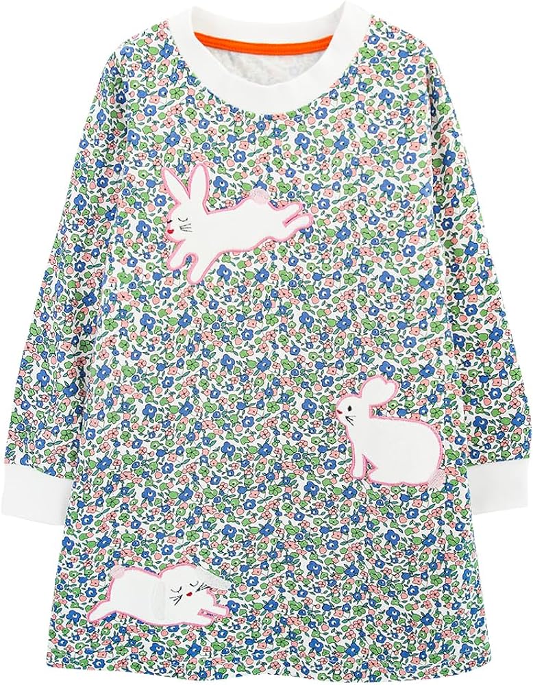 Toddler Girls Long Sleeve Dress Applique Cotton Casual Playwear Party Animals Tunic Dress 3-9Y