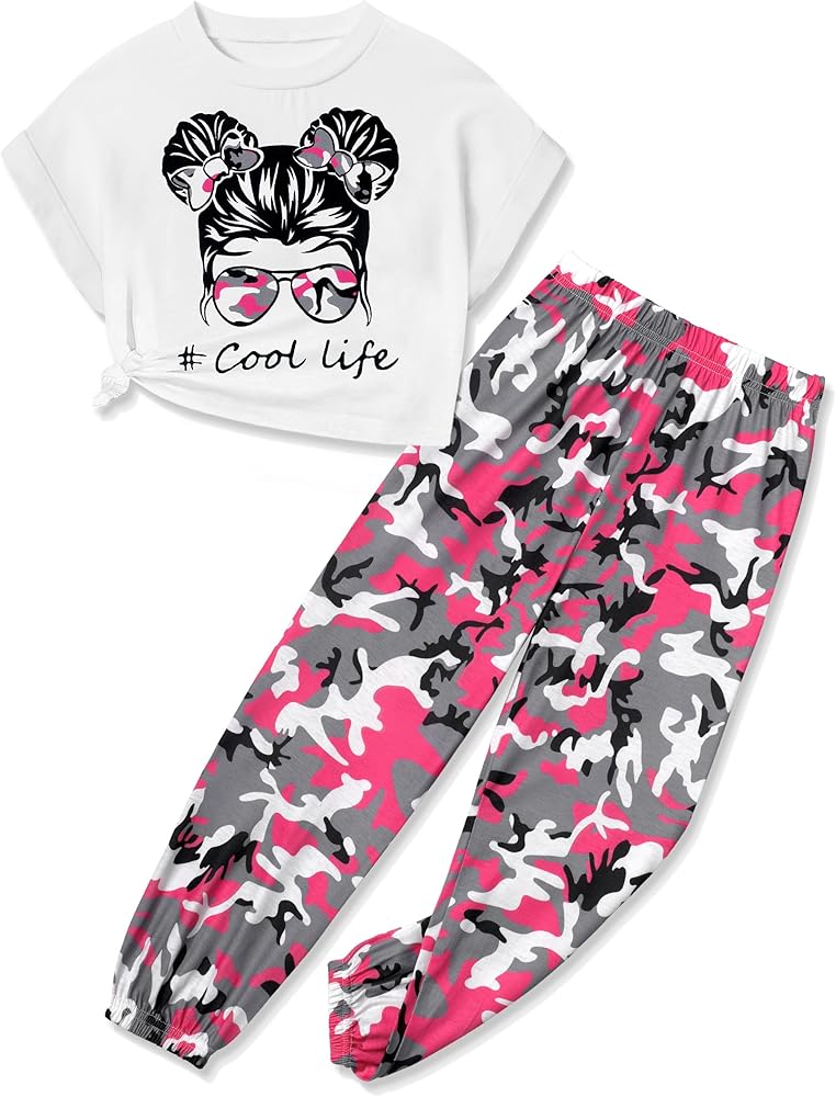 Girls 2 Piece Outfits Kids Clothes Cute Cool Girl Crop Tops + Camouflage Pants Summer Clothing Sets