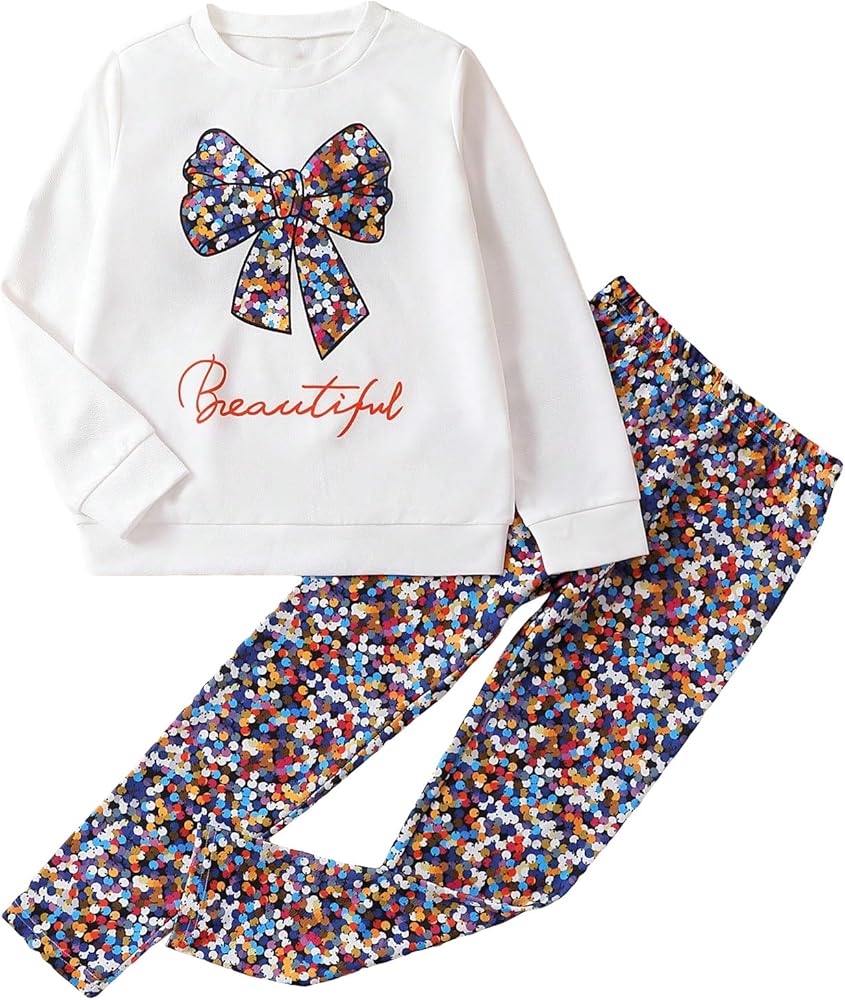 COZYEASE Girls' 2 Piece Outfits Letter Graphic Bow Front Pullover Sweatshirt and Leggings Set