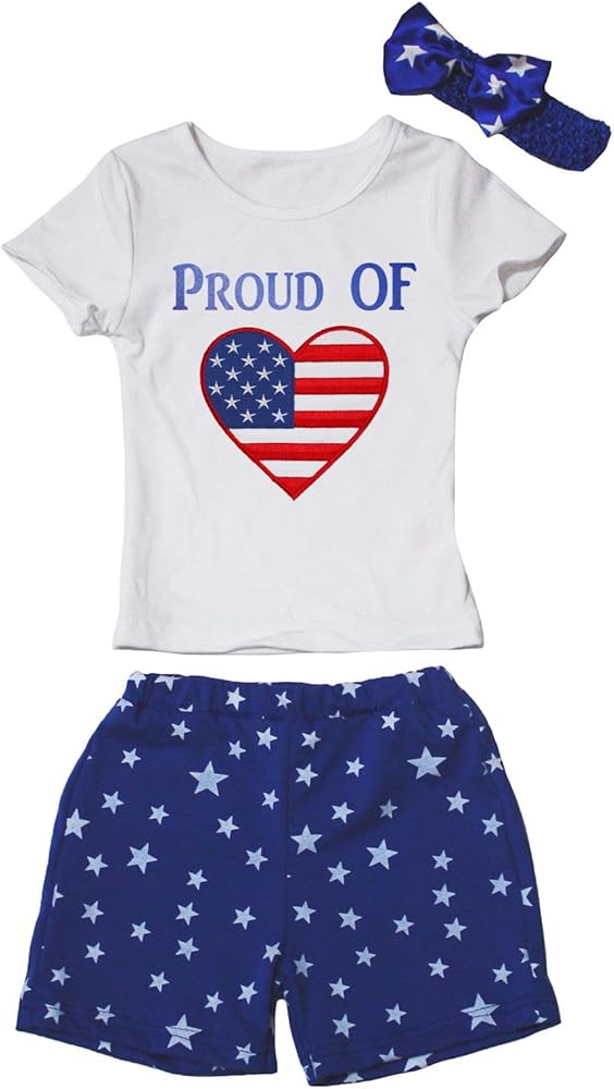 Petitebella Proud of USA Heart White Shirt Blue Stars Shorts Outfit 1-8y