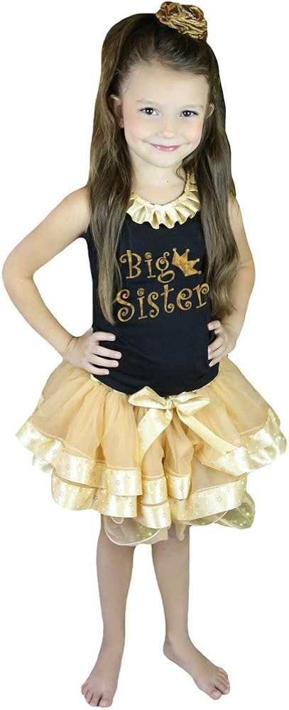 Petitebella Bling Big Sister Black Shirt Gold Stars Khaki Petal Skirt Nb-8y