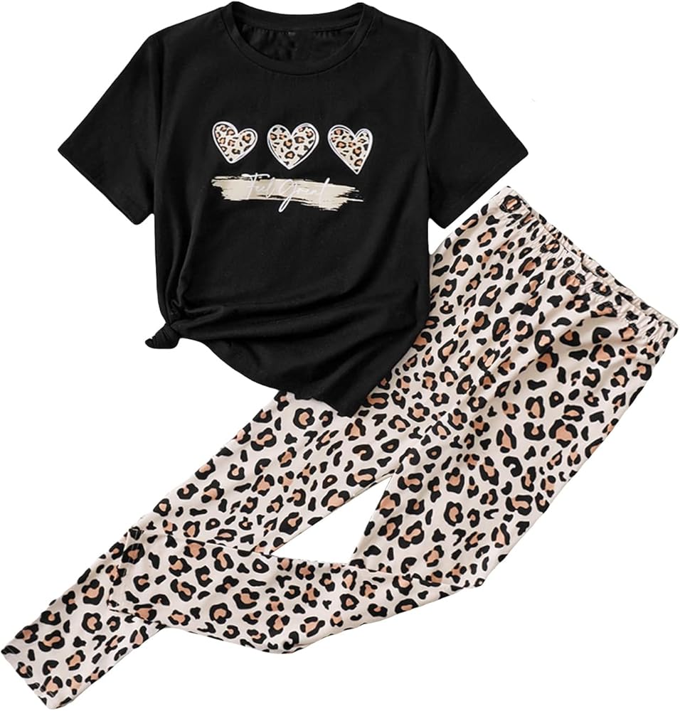 Milumia Girl's Two Piece Outfits Heart Print Short Sleeve T Shirt and Leopard Print Leggings Set Multicolor 11-12 Years