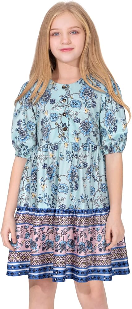 Quedoris Girls Casual Dress Printed and Solid Color Lantern Sleeve Loose Flowy Swing Shift Dress with Button