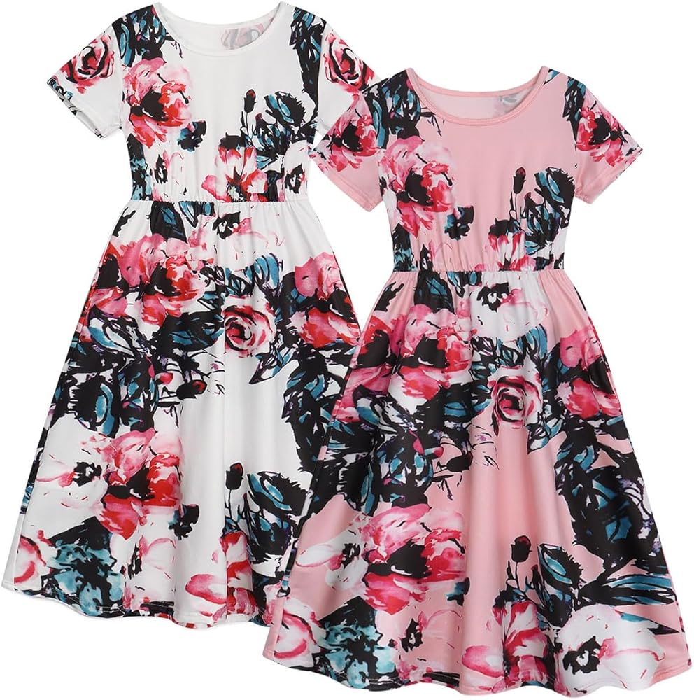 Benylion Dresses for Girls Short Sleeve Maxi Dress Floral Print Loose A-Line Twirly Dresses Junior Dresses for Teen Girls