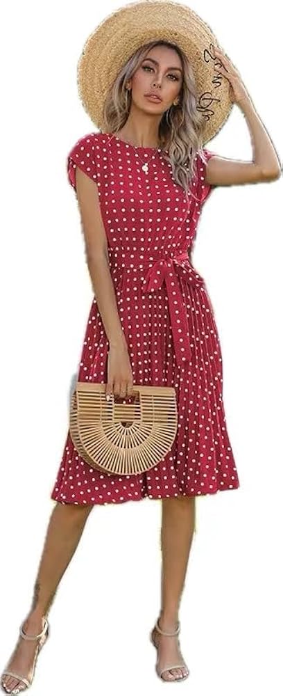 Polka Dot Short Sleeve Midi Pleated Dress for Girls and Women, Summer