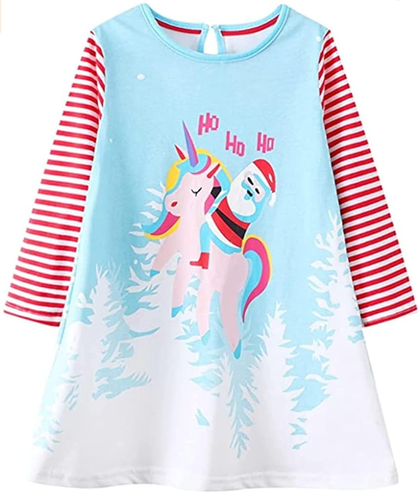 HILEELANG Toddler Girls Long Sleeve Christmas Dress Winter Cotton Casual Blue Playwear Jersey Shirt Dresses 2T