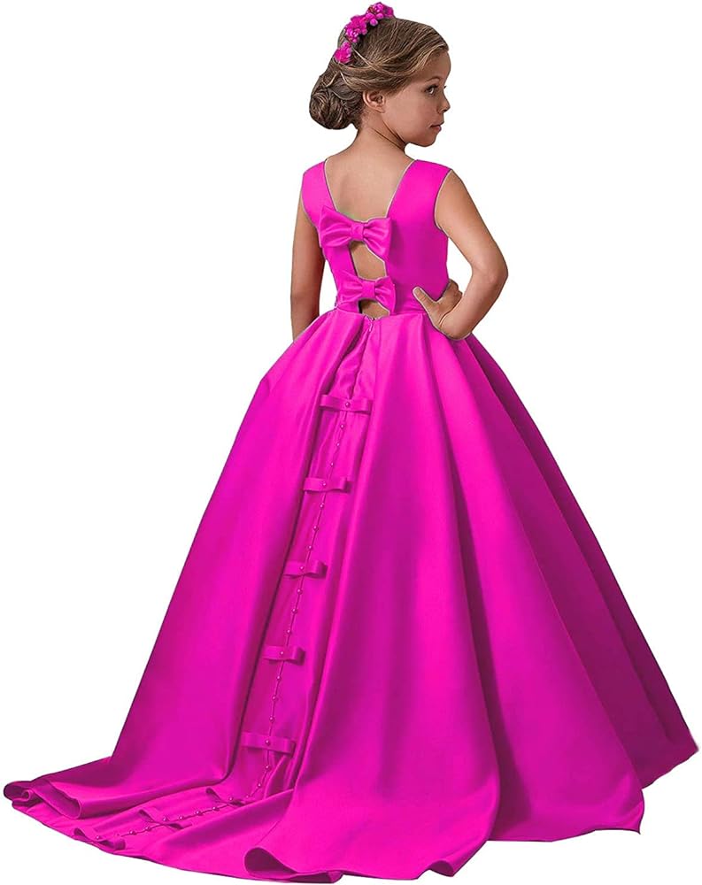 Simple Girls Pageant Dresses Bows Satin Flower Girl Dress for Wedding Kids Dance Prom Ball Gown