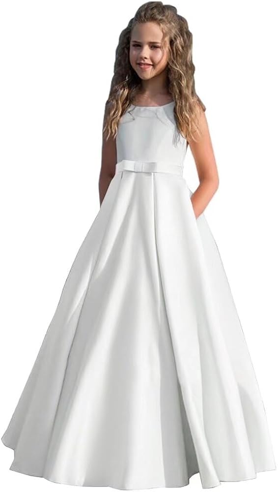 Satin Flower Girl Dress First Communion Dress Kids Wedding Ball Gowns Princess Party Girls Pageant Dress